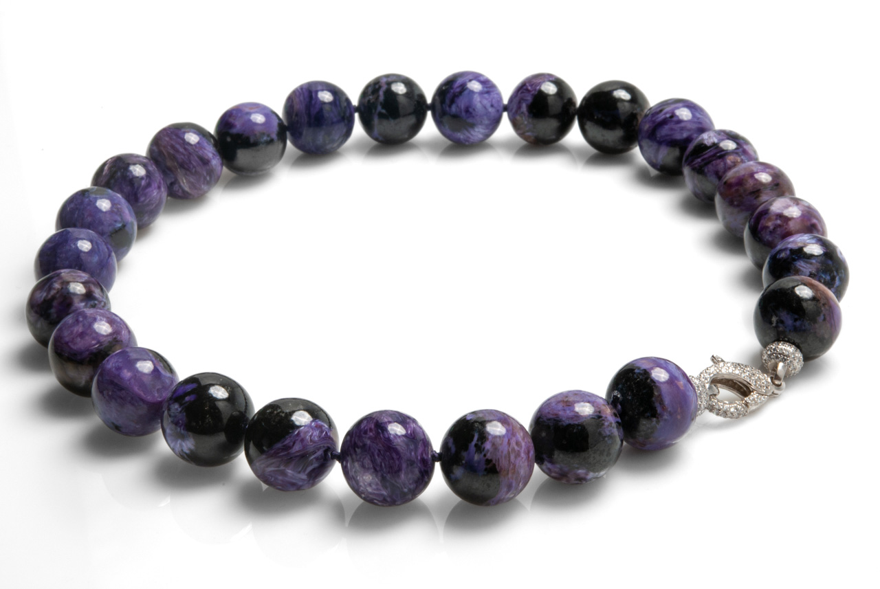 Collana in Charoite russa e chiusura in argento 925 con gemme di zirconia cubica