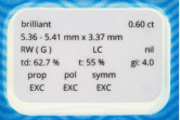 Diamante taglio brillante HRD ct 0.60.G IF/LC